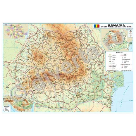 ROMANIA, harta de perete fizica-geografica, format 50 x 70 cm, scara 1:1250000, editie 2015, laminata - plastifiata (incapsulata), baghete