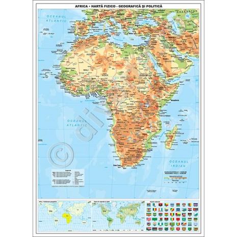 AFRICA, harta de perete fizico-geografica si politica, format 100 x 140 cm, laminata - plastifiata (incapsulata), fara baghete (optional contra cost); harta scolara; harta didactica