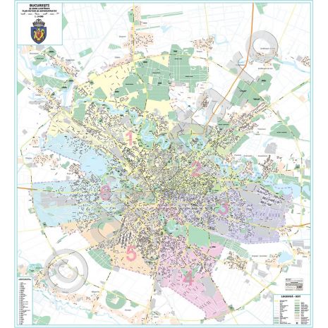 BUCURESTI SI ZONE LIMITROFE, harta (plan) de perete rutiera si administrativa (sectoare), scara 1:10000, format 230 x 250 cm, laminata - plastifiata (incapsulata), baghete, harta detaliata a Bucurestiului