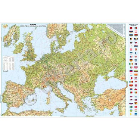 EUROPA, harta de perete fizica-geografica si politica, format 140 x 200 cm, laminata - plastifiata (incapsulata), baghete