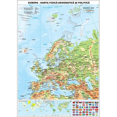 EUROPA, harta de perete fizica-geografica si politica, format 120 x 160 cm, laminata - plastifiata (incapsulata), baghete; + miniharta Europa - Pozitionare geografica; + miniharta Tipuri de vegetatie pe glob; + plansa drapele nationale; harta scolara; harta didactica.