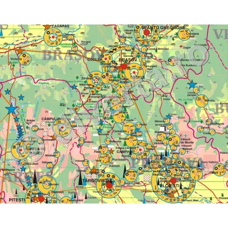 ROMANIA, harta de perete economica - geografica, scara 1:450000, format 140 x 200 cm, laminata - plastifiata (incapsulata), baghete - detaliii