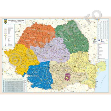 ROMANIA HARTA ADMINISTRATICA, JUDETE + ZONE REGIO, harta de perete administrativa cu regiuni si zone de dezvoltare, format 120 x 160 cm, laminata - plastifiata (incapsulata), baghete;noile regiuni si zone de dezvoltare; delimitarea judetelor, oraselor, comunelor, satelor; delimitarea zonelor si regiunilor de dezvoltare; informatii despre regiunile de dezvoltare; distante kilometrice; grila kilometrica; date statistice; legenda in limbile romana si engleza.