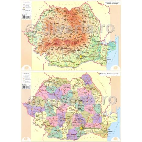 ROMANIA DUO A3 29.70x42 cm, harta de perete fizica-geografica (fata) + administrativa (verso), format A3 29.70x42 cm, laminata - plastifiata (incapsulata); fata: ROMANIA, harta de perete fizica-geografica, format A3 29.70x42 cm + verso: ROMANIA, harta de perete administrativa, format A3 29.70x42 cm, laminata - plastifiata (incapsulata); in conformitate cu programa scolara actuala!; harta scolara; harta didactica