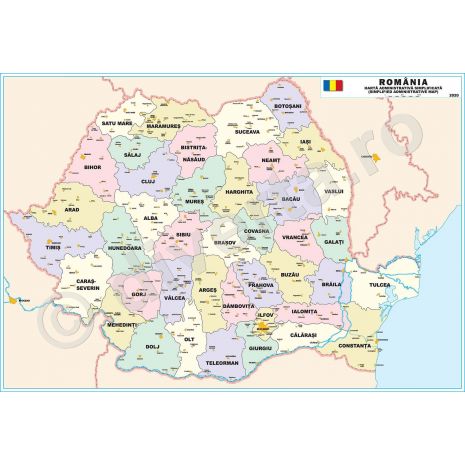 ROMANIA HARTA ADMINISTRATIVA SIMPLIFICATA (SIMPLA) (Delimitarea Judetelor si Localitati Principale), harta de perete, format 140 x 200 cm, editie actualizata 2025, laminata - plastifiata (incapsulata), baghete; harta Romaniei actualizata; harta simplificata (simpla) pentru lucru si notite;     Judetele Romaniei; Municipiile si orasele principale ale Romaniei; foarte utila pentru firme de distributie produse, marketing, recrutare forta de munca, constructii, logistica, transporturi, shipping, agentiile de turism, primarii, consilii judetene, etc.