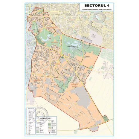 SECTORUL 4 - BUCURESTI, harta (plan) de perete rutiera si administrativa, format 140 x 200 cm, laminata - plastifiata (incapsulata), baghete , actualizata
