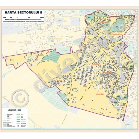 SECTORUL 5 - BUCURESTI, harta (plan) de perete rutiera si administrativa, format 175 x 200 cm, laminata - plastifiata (incapsulata), baghete, actualizata