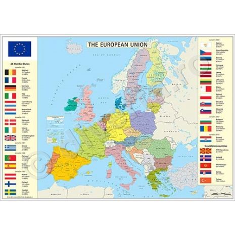 HARTA UNIUNII EUROPENE (UE / EU - EUROPA), harta de perete politica, format 100 x 140 cm, laminata - plastifiata (incapsulata), baghete; harta politica a UNIUNII EUROPENE; harta scolara; harta didactica; date privind istoria aderarii statelor membre: 1957, 1973, 1981, 1986, 1995, 2004, 2007 (Romania Bulgaria), 2013; state candidate (Macedonia de Nord, Islanda, Muntenegru, Serbia, Turcia)